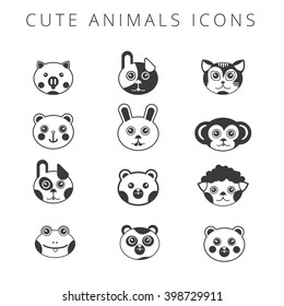Simple illustration of pretty faces babies animals: pig, dog, panda, bear, rabbit, monkey, cat, frog, lamb. Vector icons of monochromatic set for your design or application.