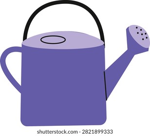 A simple illustration of a purple watering can, featuring a black handle and a perforated spout, used for gardening and plant care.
