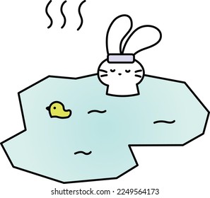 A simple illustration of a rabbit entering a hot spring