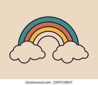 Simple illustration of a rainbow with clouds. Rainbow arches in blue, green, yellow, orange. Rainbow design on a beige background. Minimalist rainbow art. Vector illustration.