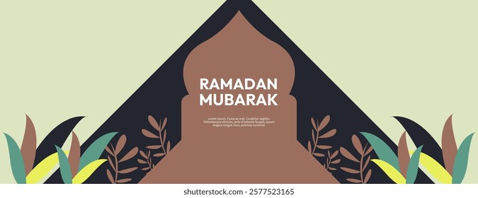 Simple illustration of Ramadan Mubarak theme in modern colors. Leaves around decorate the big day. Happy Ramadan, happy fasting, happy worship for Muslims