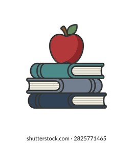 A simple illustration of a red apple resting on a stack of three closed books.