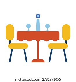 Simple illustration of a red dining table set with two yellow chairs and wine glasses