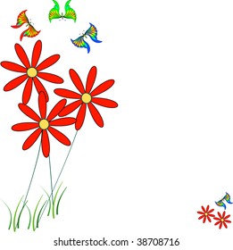Simple illustration of red flower with multi color butterflies card, vector
