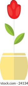 simple illustration of a red flower with two green leaves, growing out of a yellow pot. The illustration has a flat, minimalist style with no shading or details