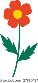 A simple illustration of a red flower with a yellow center and green leaves on a white background.