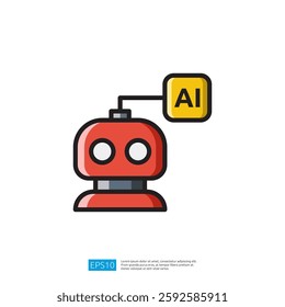 A simple illustration of a red robot with a speech bubble labeled AI symbolizing artificial intelligence icon