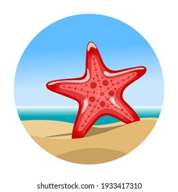 Simple illustration of red sea star in sand on seashore. Flat vector illustration.