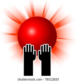 simple illustration of red sun in hands