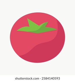 Simple illustration of a red tomato with a green stem on a white background. Tomato design features a round shape. Tomato icon for food-related themes. Vector isolated on white.