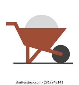 Simple illustration of a red wheelbarrow with gray wheel and handle on white background
