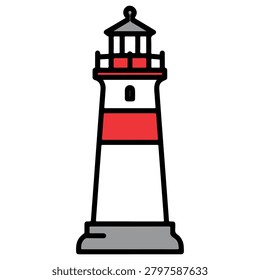 A simple illustration of a red and white lighthouse on a grey base, standing tall.
