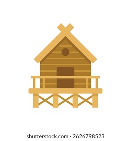Simple illustration representing a wooden hut built on stilts over water, with a terrace, crossed beams on the roof, and a round window, in flat design