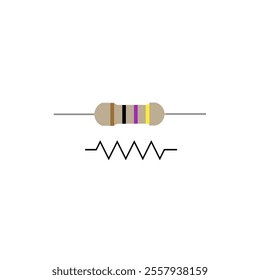Simple illustration of a resistor showing its physical appearance with color bands and its schematic symbol. Perfect for educational materials, technical diagrams, and electronics projects