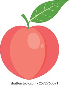 A simple illustration of a ripe peach with a smooth pinkish-orange surface, a green leaf, and a glossy texture in a cartoon style