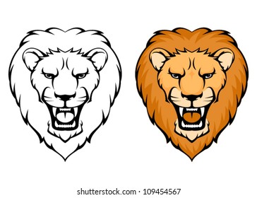 simple illustration of a roaring lion head suitable as tattoo or sport team mascot, logo design or emblem. Vector eps file.