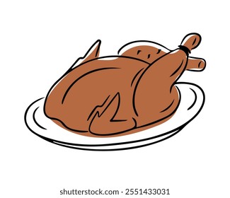 Simple illustration of roasted turkey on platter, capturing the essence of a classic holiday meal, perfect for festive and Thanksgiving themes. Vector artwork isolated on white background