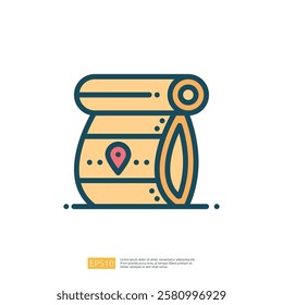 A simple illustration of a rolled-up map with a location pin, symbolizing navigation or travel planning.