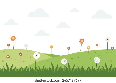 Uma ilustração simples de colinas verdes rolantes pontilhadas com várias flores coloridas e nuvens brancas macias contra um céu branco brilhante.