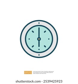 Una ilustración simple de un reloj redondo con una cara azul claro y manos oscuras, que indica la hora.