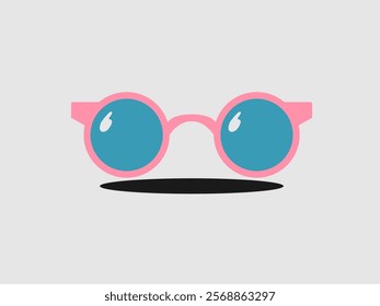 A simple illustration of round eyeglasses with pink frames and blue lenses