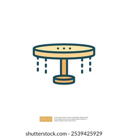 A simple illustration of a round table with a central pedestal and water droplets, suggesting a fountain or decorative water feature.