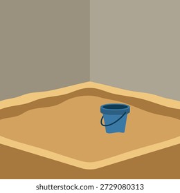 Simple illustration of a sandpit with layered sand and a small blue bucket inside