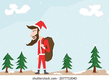 Simple illustration of Santa Claus holding a gift bag between some trees and snow fall