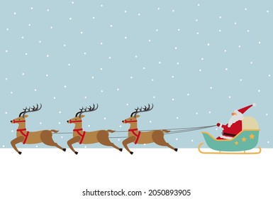 A simple illustration of Santa Claus riding a sleigh with three reindeer in the snow.Easy-to-use vector material.