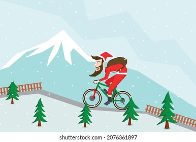 Simple illustration of Santa Claus riding bike on the mountain road between some trees and snow fall