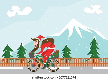 Simple illustration of Santa Claus riding bike and bring some gift bag on the road between some trees and snow fall