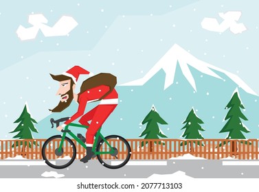 Simple illustration of Santa Claus riding bike on the road between some trees and snow fall