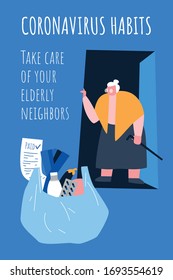 Simple illustration saying to take care of self-isolated elderly people by contactless grocery and medicine delivery whilst coronavirus outbreak