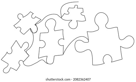 Simple illustration with scattered one line puzzles on a white background. Disassembled puzzle for children. Concept for team, colleagues, relationship, friendship, family, startup, business.