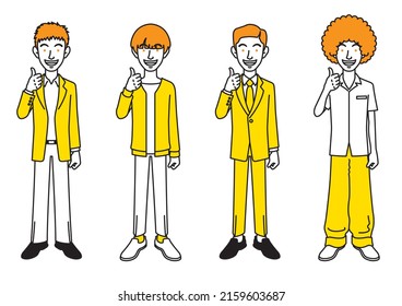 Simple illustration of a scene of men with various hairstyles and outfits giving a thumbs up.