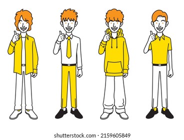 Simple illustration of a scene of men with various hairstyles and outfits giving a thumbs up.