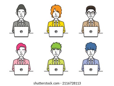 Simple illustration of a scene where a businessperson with various hairstyles is operating a laptop.