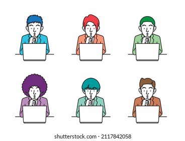 Simple illustration of a scene where a businessperson with various hairstyles is operating a laptop.