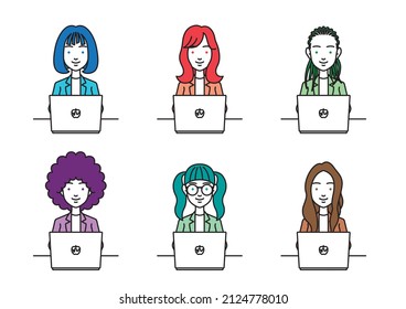 Simple illustration of a scene where a businessperson with various hairstyles is operating a laptop.