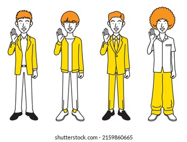 Simple illustration of a scene where men with various hairstyles and outfits are greeting each other with raised hands.