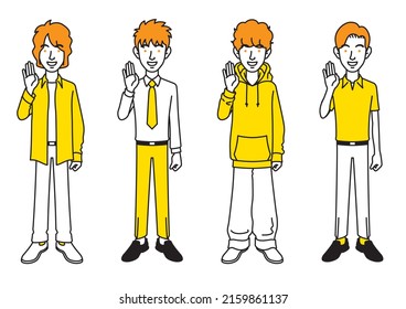 Simple illustration of a scene where men with various hairstyles and outfits are greeting each other with raised hands.
