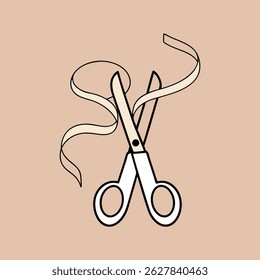 Simple illustration of scissors cutting beige ribbon minimalist style design