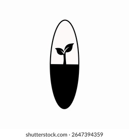 Ilustração simples de uma plântula que cresce a partir do solo dentro de uma forma oval.