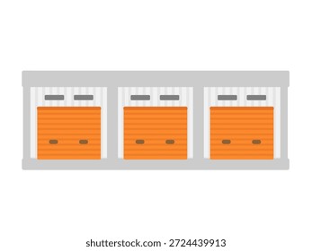 Una ilustración simple de un edificio de autoalmacenamiento con tres puertas de persiana naranja.