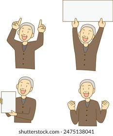 A simple illustration of a senior man promoting himself with a smile