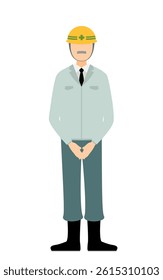 Simple illustration of a senior man supervisor wearing a helmet stand with hands together in front of his body