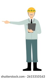 Simple illustration of a senior man supervisor wearing a helmet take the clipboard and point into the distance