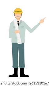 Simple illustration of a senior man supervisor wearing a helmet ｔake a drawing and point to it
