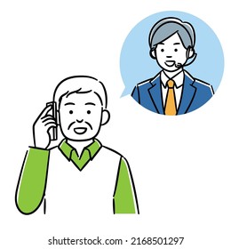 Simple illustration of a senior man talking on the phone with an operator man