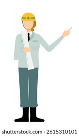 Simple illustration of a senior woman supervisor wearing a helmet ｔake a drawing and point to it